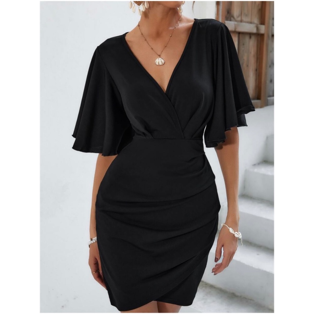 Luxe Black Butterfly Sleeve Evening Formal Dress